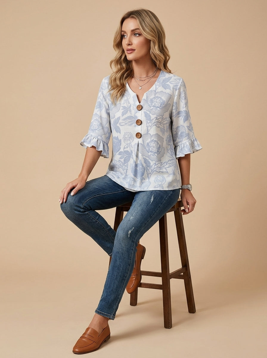 Casual Floral Print Button-Front Top in Blue and White - Ruffle Sleeve V-Neck Blouse