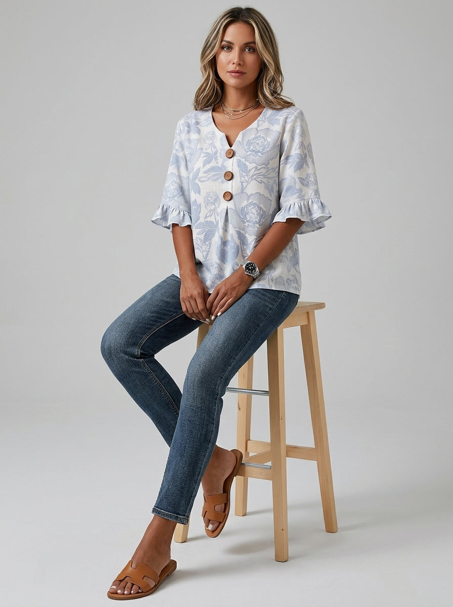 Casual Floral Print Button-Front Top in Blue and White - Ruffle Sleeve V-Neck Blouse