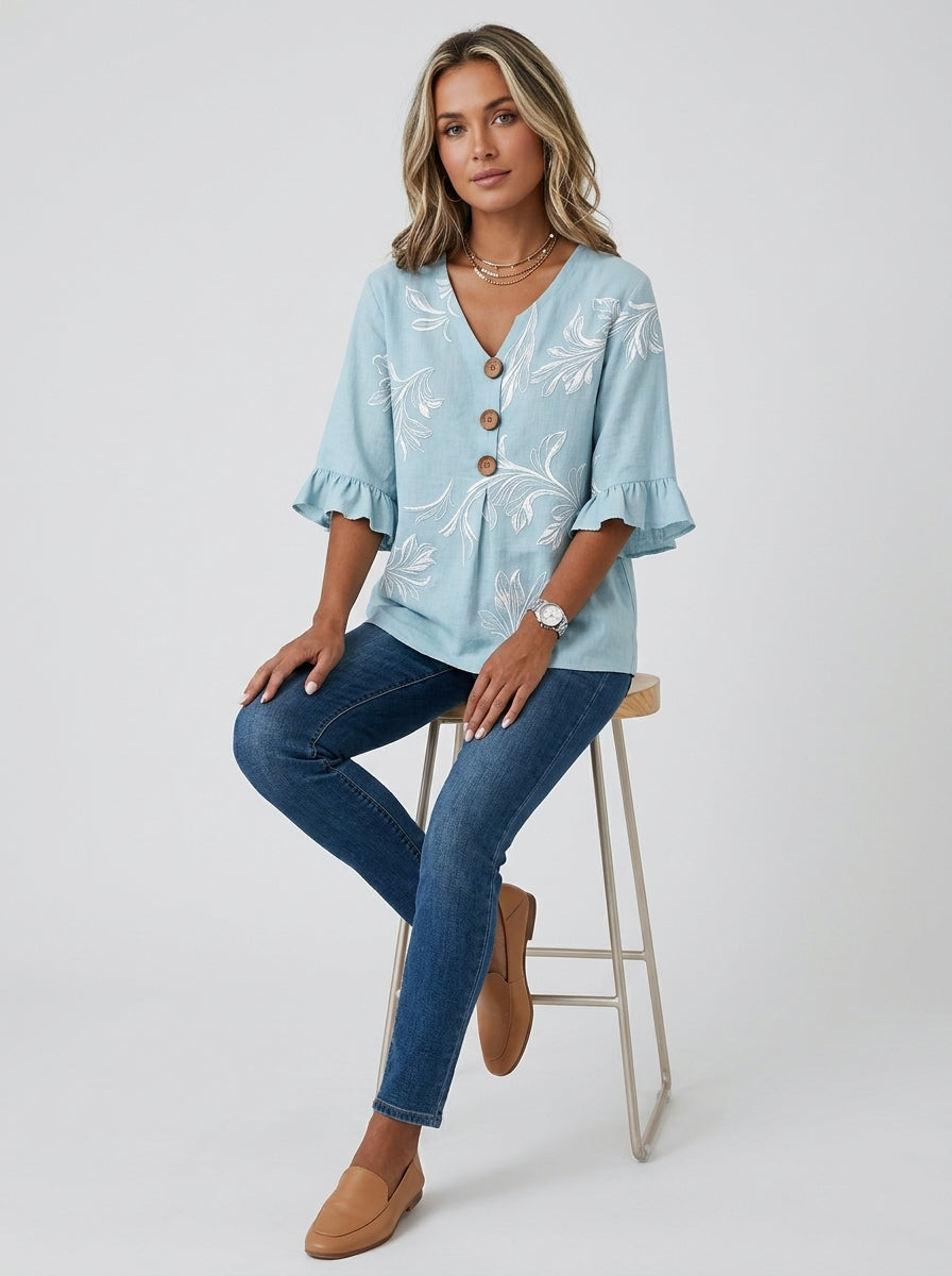 Casual Botanical Leaf Print Button-Front Top in Light Blue - Ruffle Sleeve V-Neck Blouse