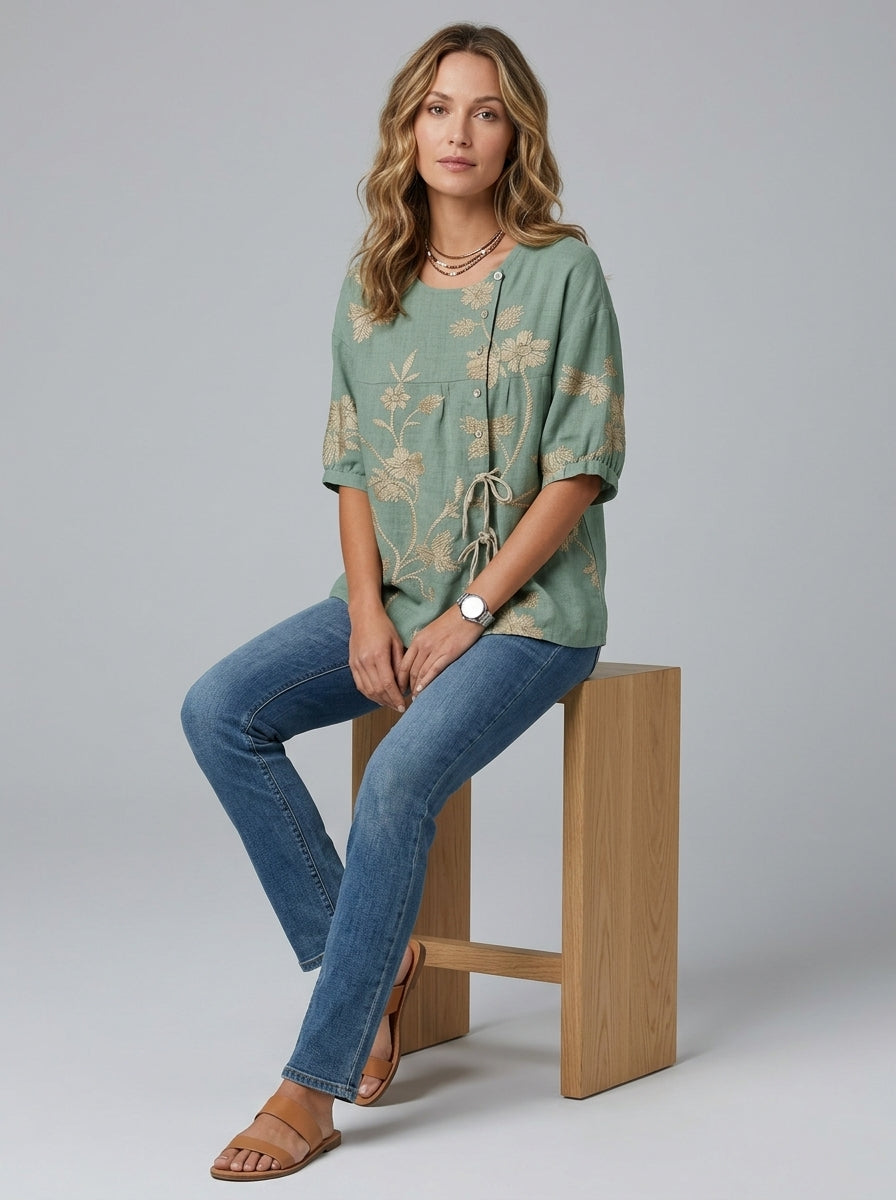 Casual Floral Embroidered Drawstring Hem Top in Sage Green - Round Neck Button Placket Top