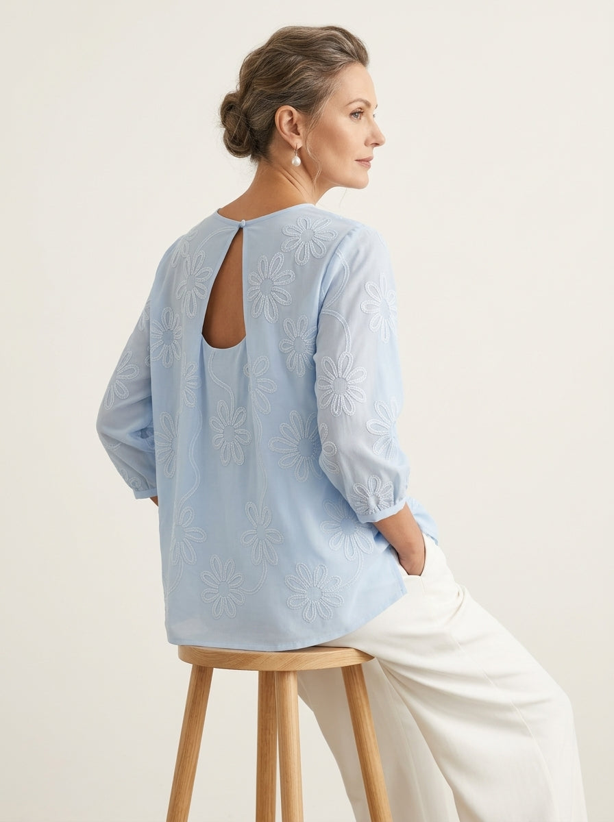 Romantic Floral Embroidered Open-Back Blouse in Light Blue - Round Neck Keyhole Cutout Top