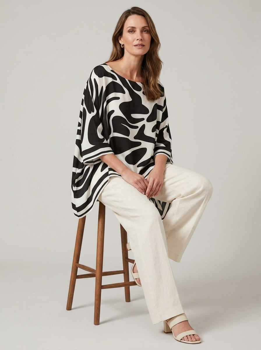Casual Abstract Swirl Print Asymmetric Hem Top in Black and White - Round Neck Long Sleeve Blouse