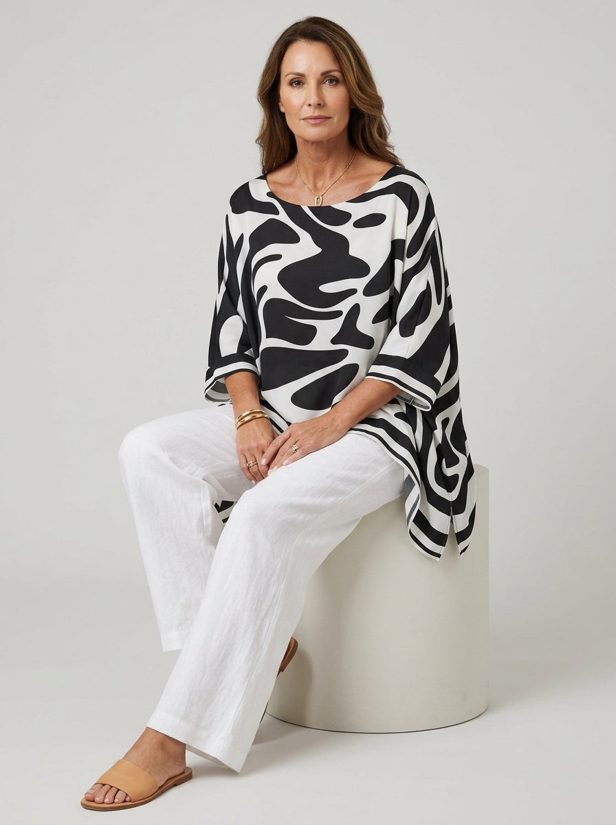 Casual Abstract Swirl Print Asymmetric Hem Top in Black and White - Round Neck Long Sleeve Blouse