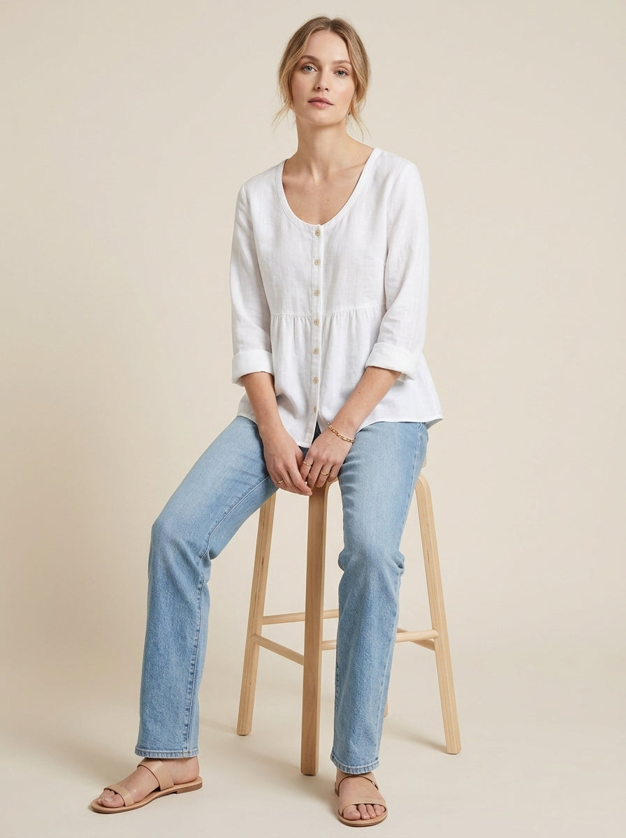 White Linen Cotton Blend Shirt - Round Neck Button-Up Peplum Top