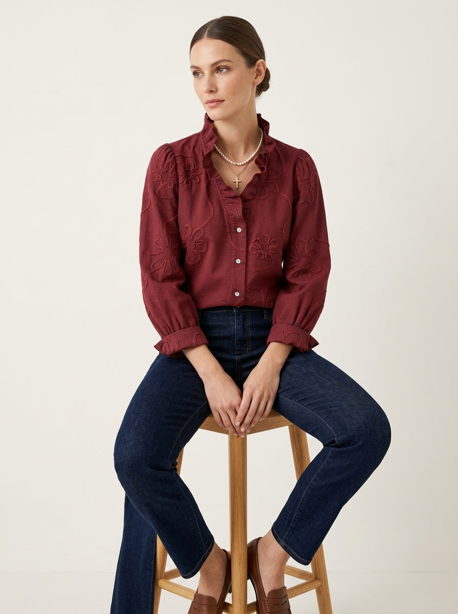 Romantic Casual Cotton Blouse - Burgundy Ruffled V-Neck Floral Embroidered Top