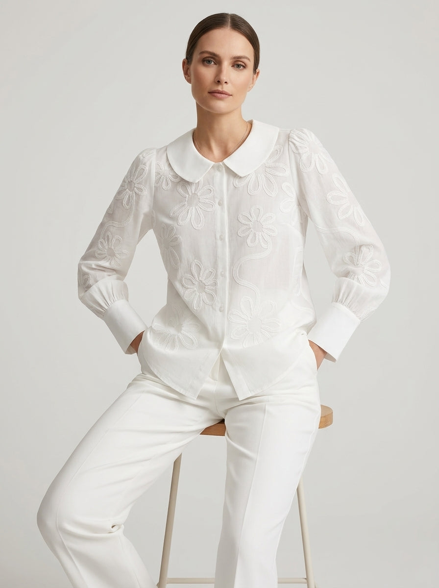 Vintage Cotton Blouse - White Peter Pan Collar Floral Embroidered Long Sleeve Top