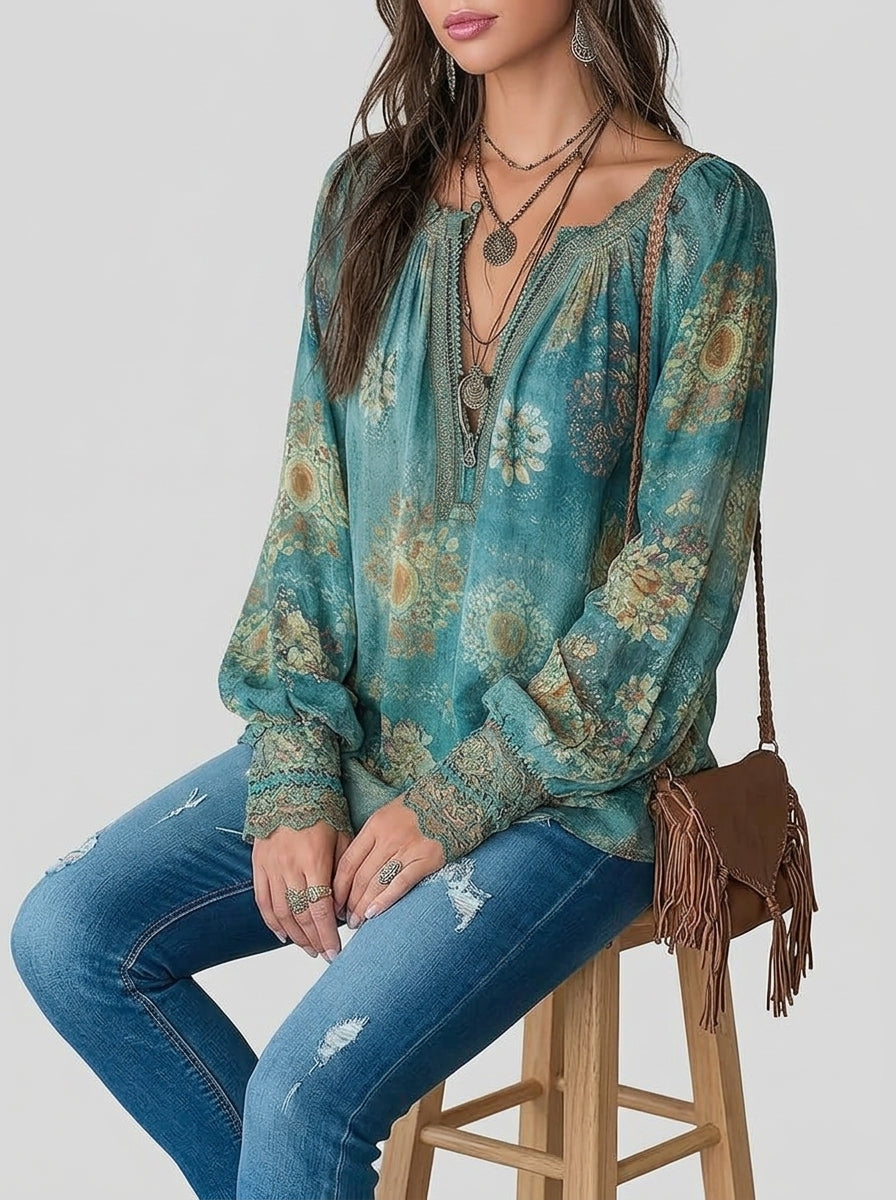 Bohemian Ethnic Floral Print Cotton Blouse - Teal V-Neck Tasseled Long Sleeve Top