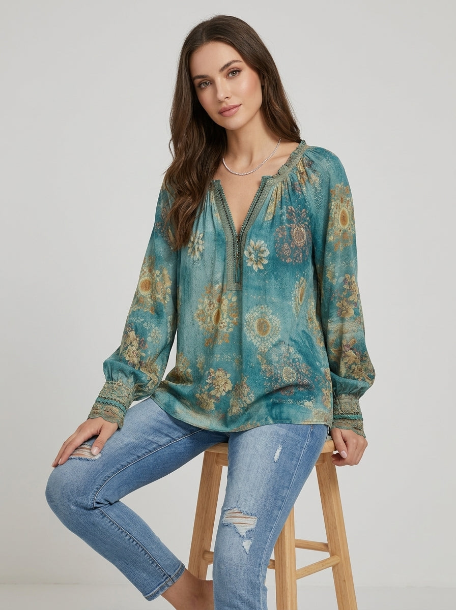 Bohemian Ethnic Floral Print Cotton Blouse - Teal V-Neck Tasseled Long Sleeve Top