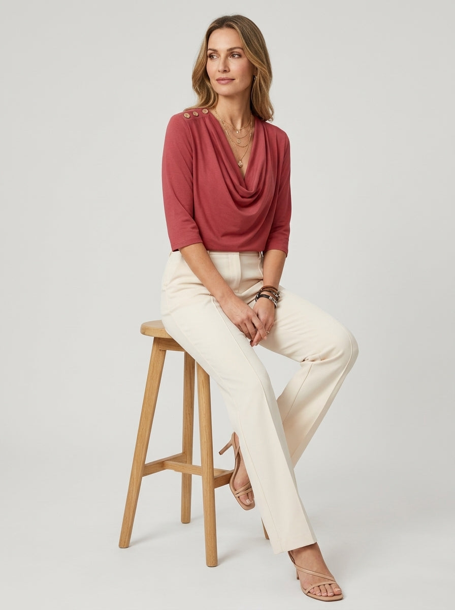 Elegant Cotton Blend Top - Red Cowl Neck Button-Shoulder Blouse