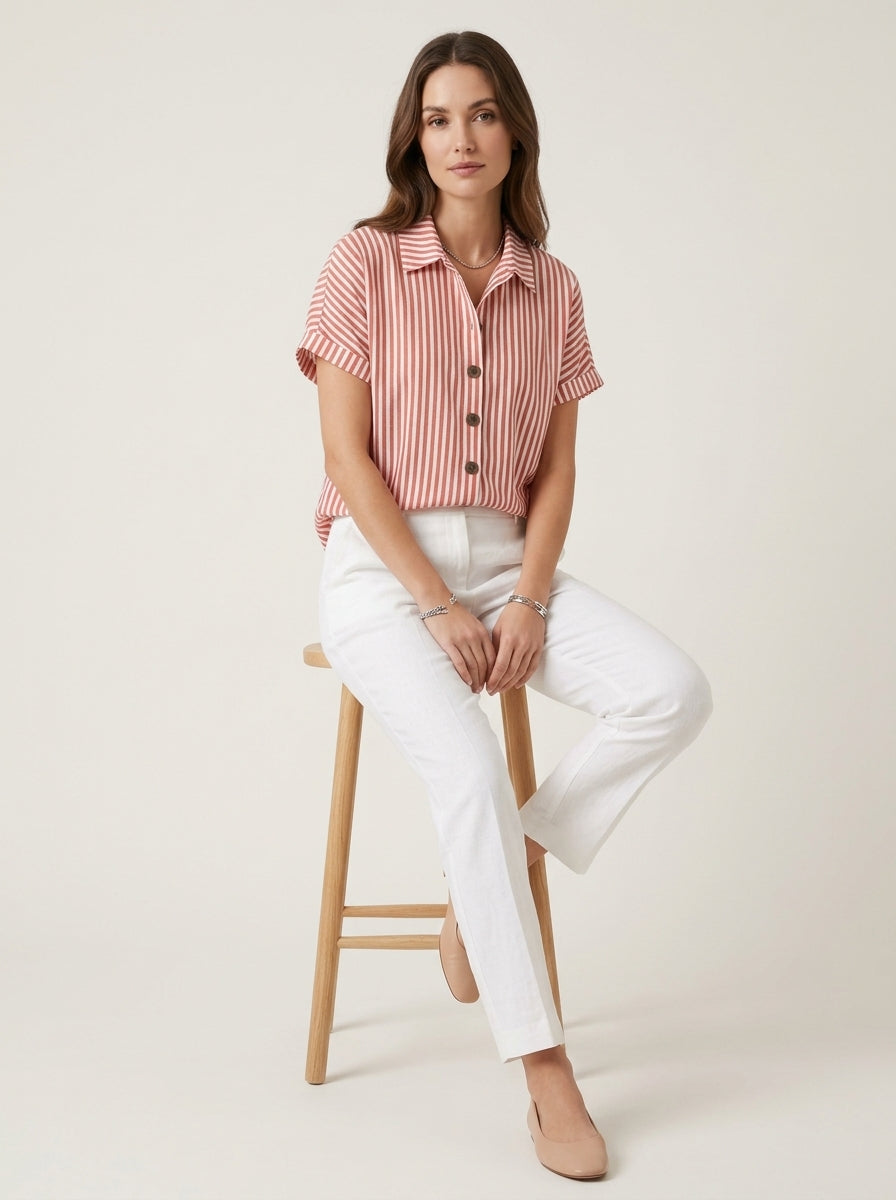 Classic Cotton Striped Button-Up Shirt - Red White Short Sleeve Top