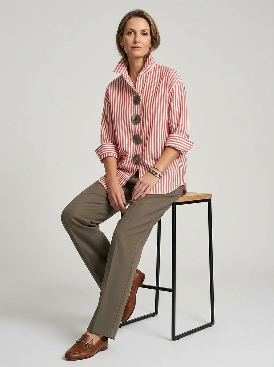 Elegant Cotton Linen Striped Shirt - Red White Metal Button Long Sleeve Top
