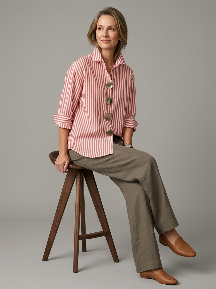 Elegant Cotton Linen Striped Shirt - Red White Metal Button Long Sleeve Top