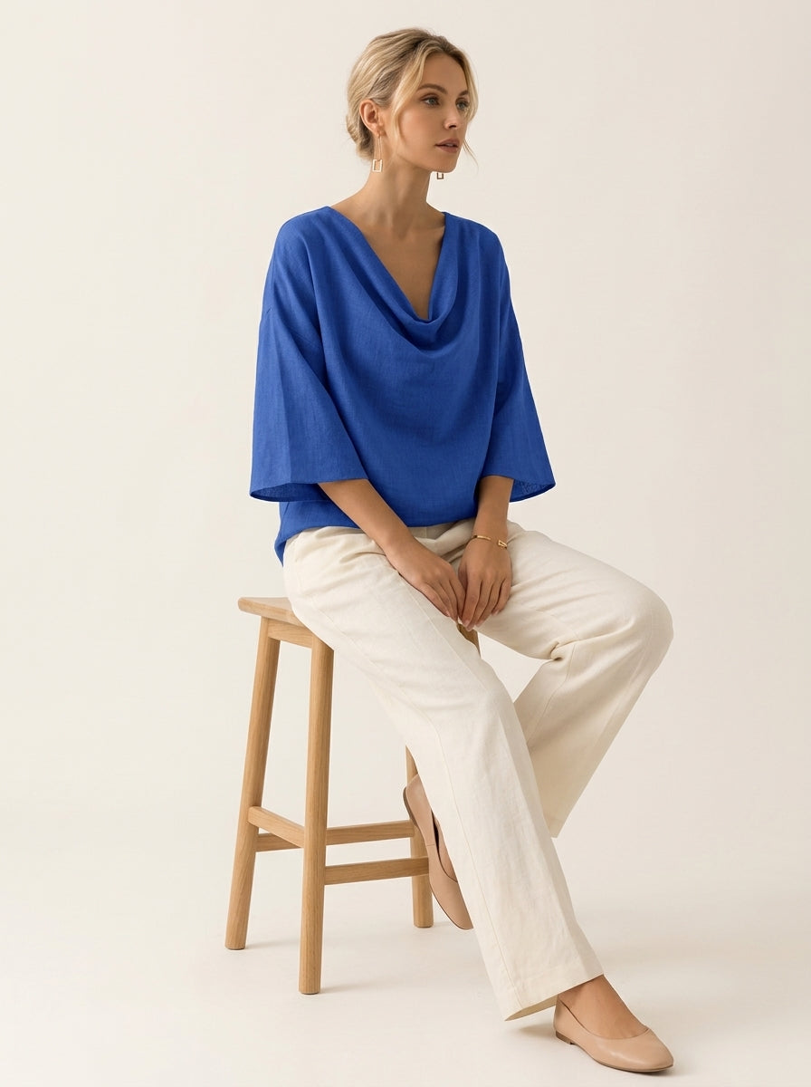 Elegant Cotton Linen Blouse - Blue Cowl Neck 3/4 Sleeve Top