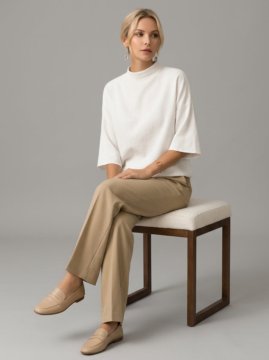 Minimalist Cotton Linen Shirt - White Mock Neck Short Sleeve Top