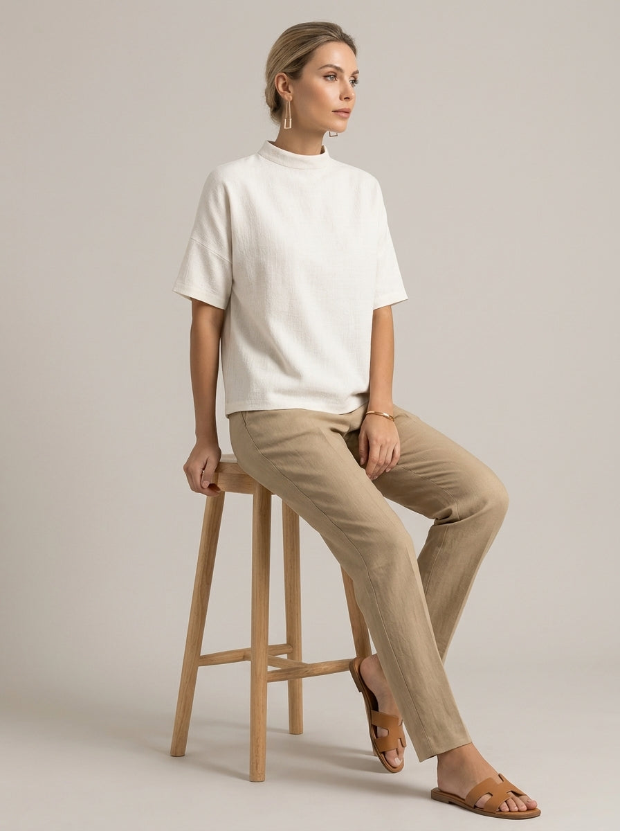 Minimalist Cotton Linen Shirt - White Mock Neck Short Sleeve Top