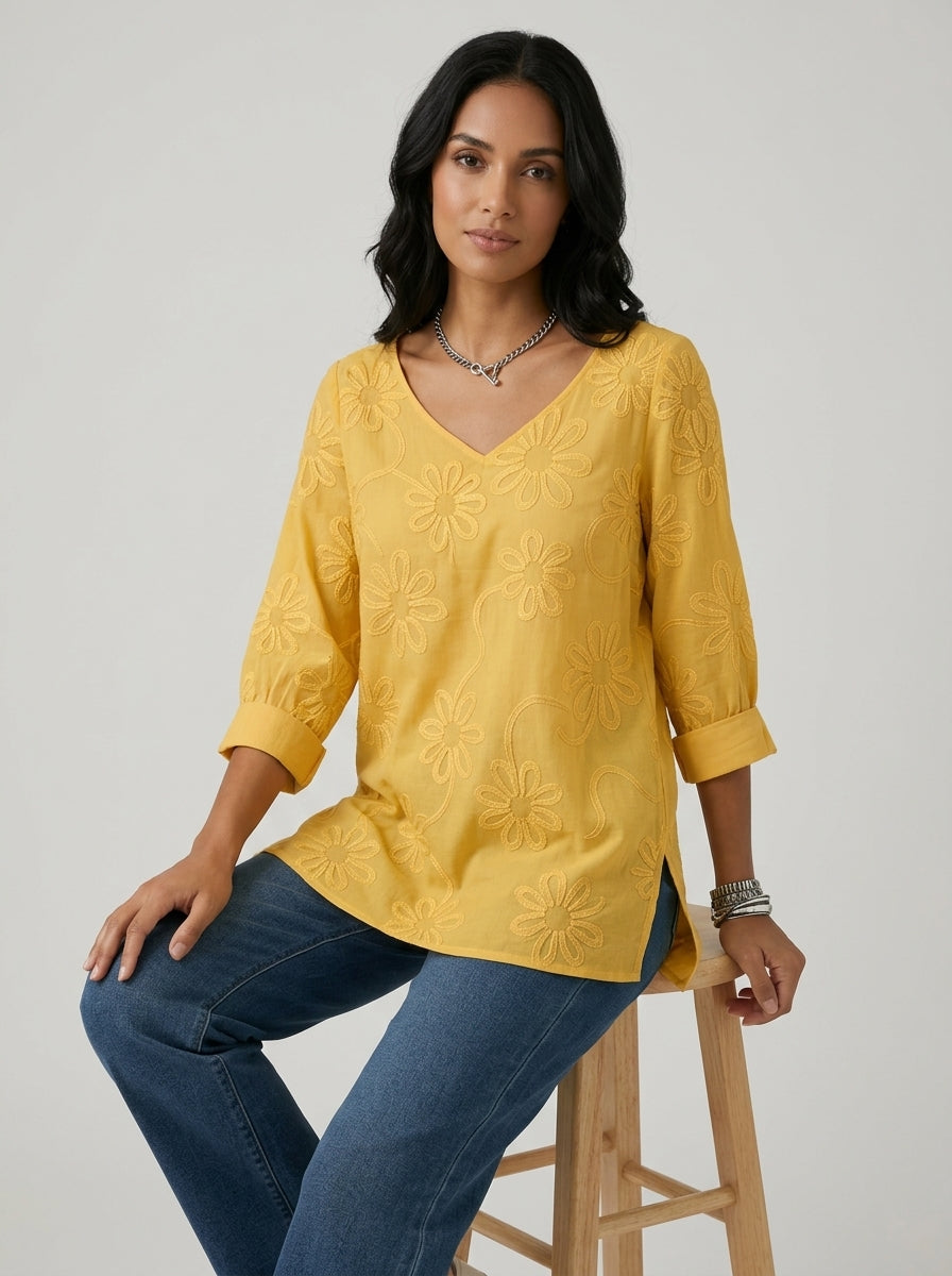 Casual Cotton Blouse - Yellow V-Neck 3/4 Sleeve Floral Embroidered Top