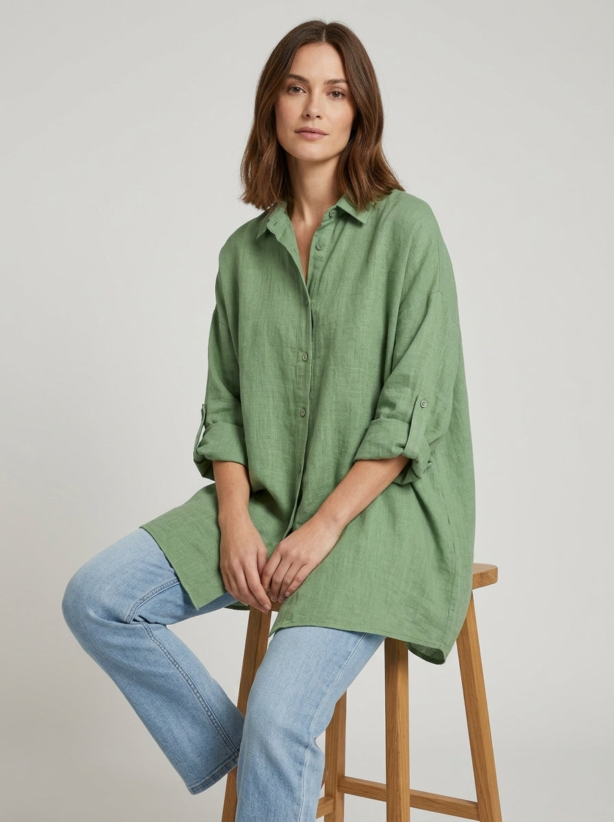 Casual Cotton Blend Shirt - Green Relaxed Long Sleeve Button-Up Top