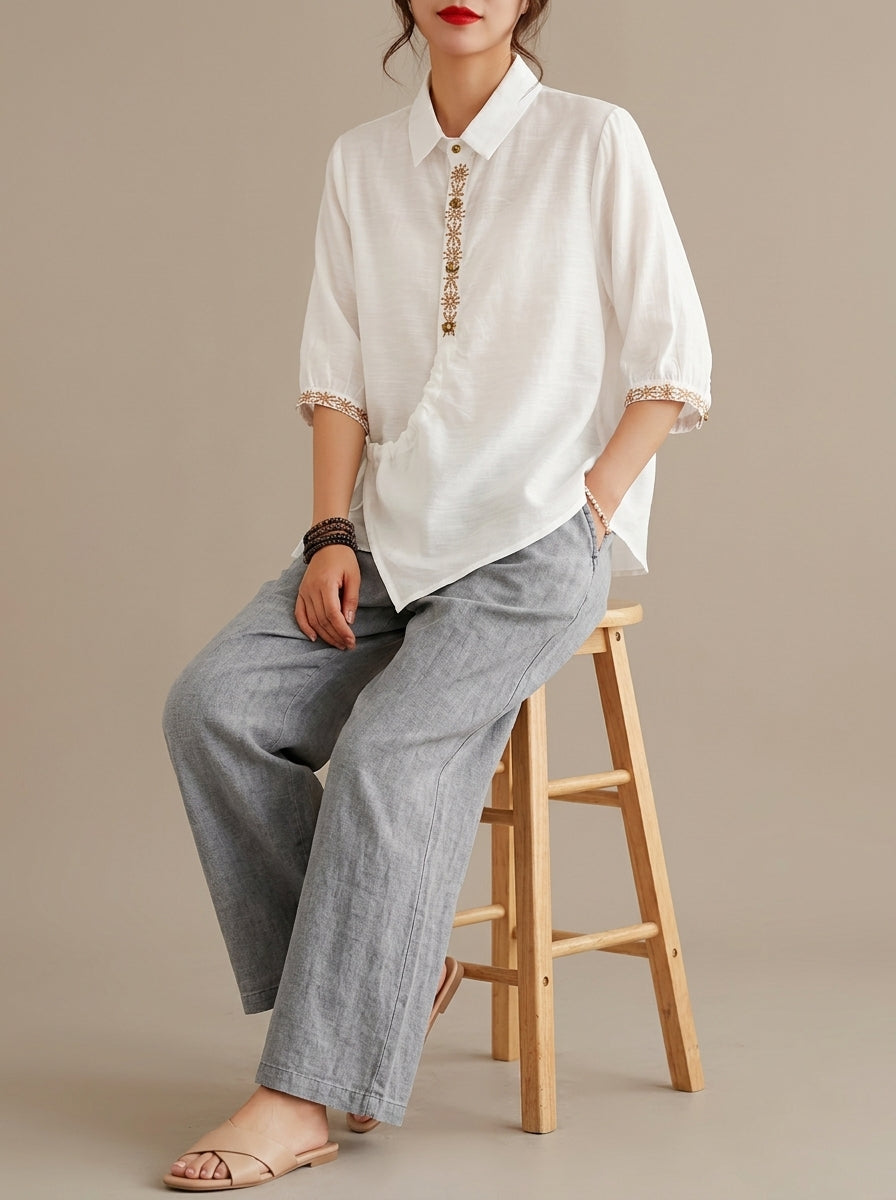 Vintage Cotton Shirt - White Embroidered Placket Half Sleeve Top