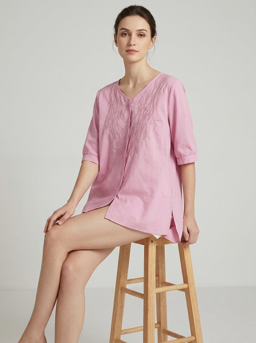 Versatile Embroidered Blouse - Pink V-Neck Half Sleeve Loose Top