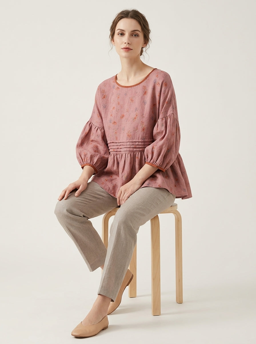 Trendy Boho Print Blouse - Pink Floral Round Neck Half Sleeve Peplum Top