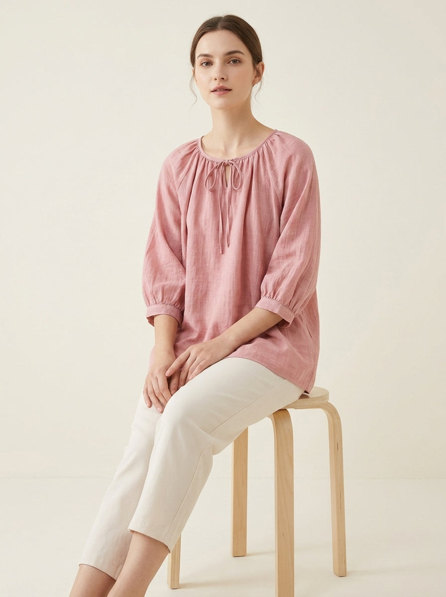 Loose Casual Cotton Blouse - Pink Tie-Neck 3/4 Sleeve Top