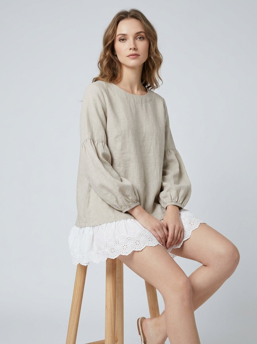 Loose Casual Blouse - Beige Round Neck Lace Ruffle Hem Long Sleeve Top
