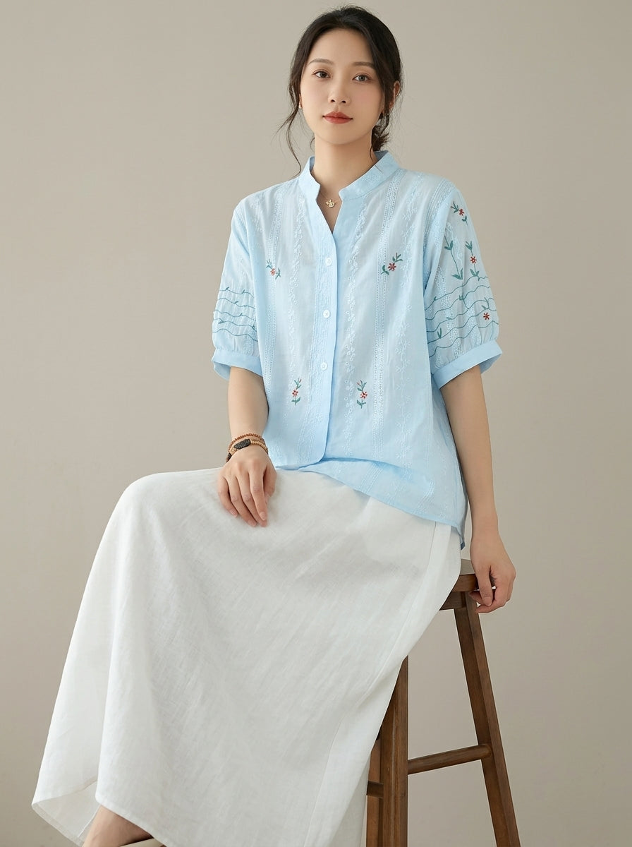 Vintage Embroidered Cotton Blouse - Blue Mandarin Collar Short Sleeve Top