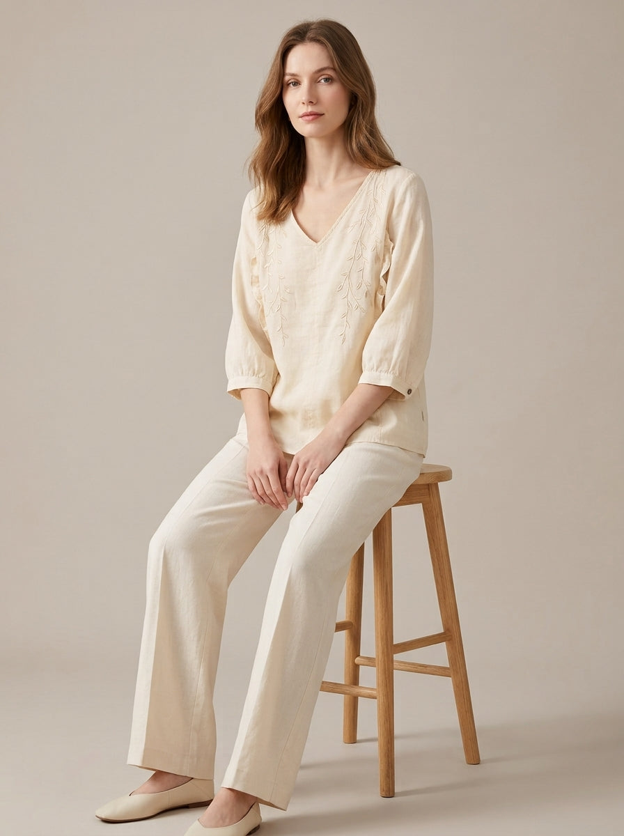 Trendy Embroidered Cotton Blouse - Cream V-Neck 3/4 Sleeve Ruffle Top