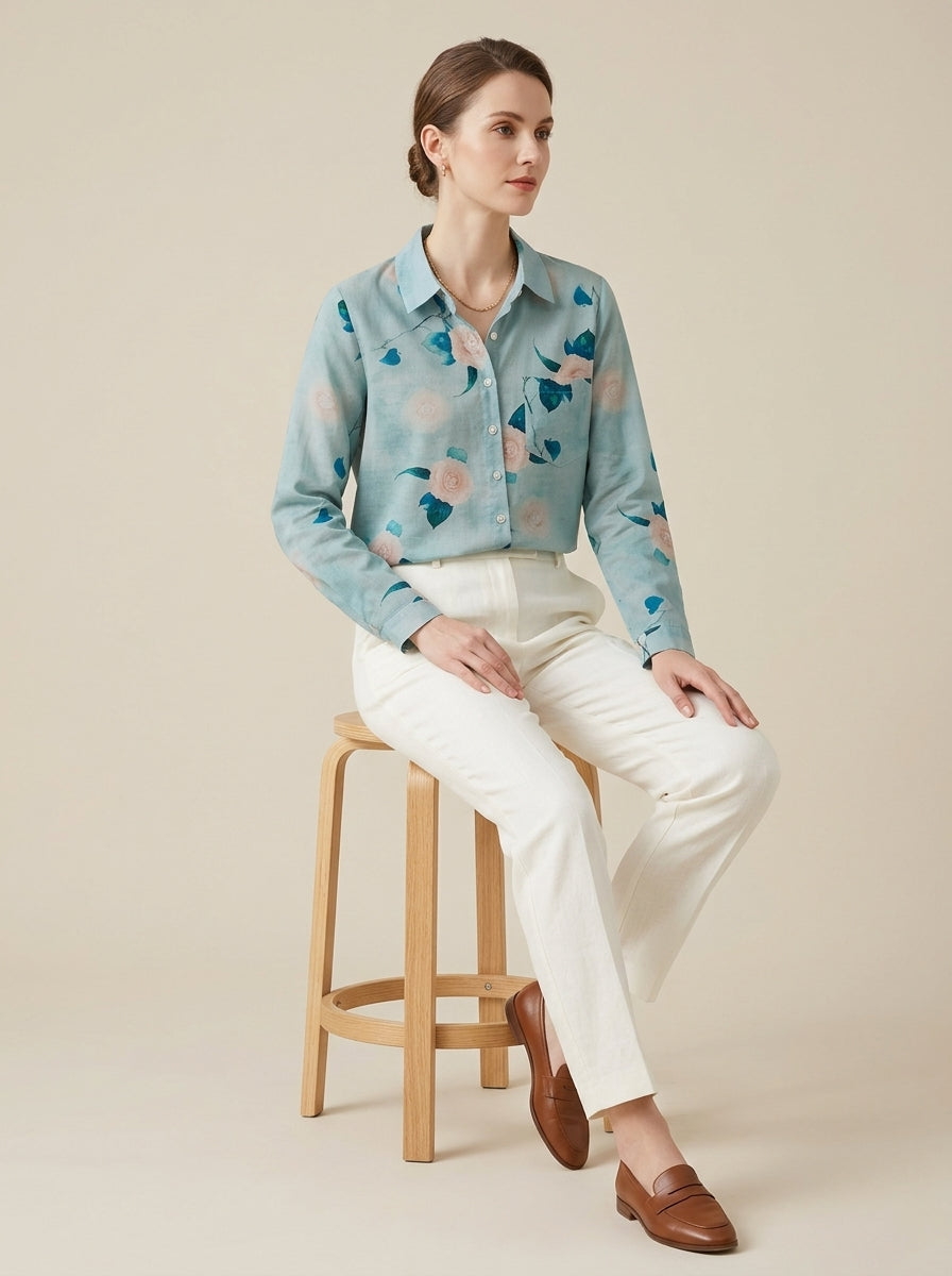 Boho Floral Print Cotton Shirt - Blue Collared Long Sleeve Top