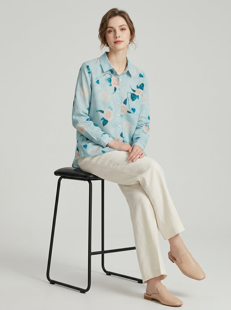 Boho Floral Print Cotton Shirt - Blue Collared Long Sleeve Top