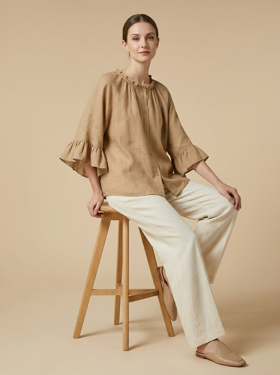 Retro Ruffled Blouse - Beige Round Neck Bell Sleeve Button-Up Top