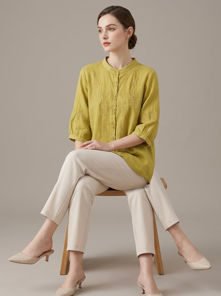 Loose Boho Embroidered Blouse - Chartreuse Mandarin Collar 3/4 Sleeve Top