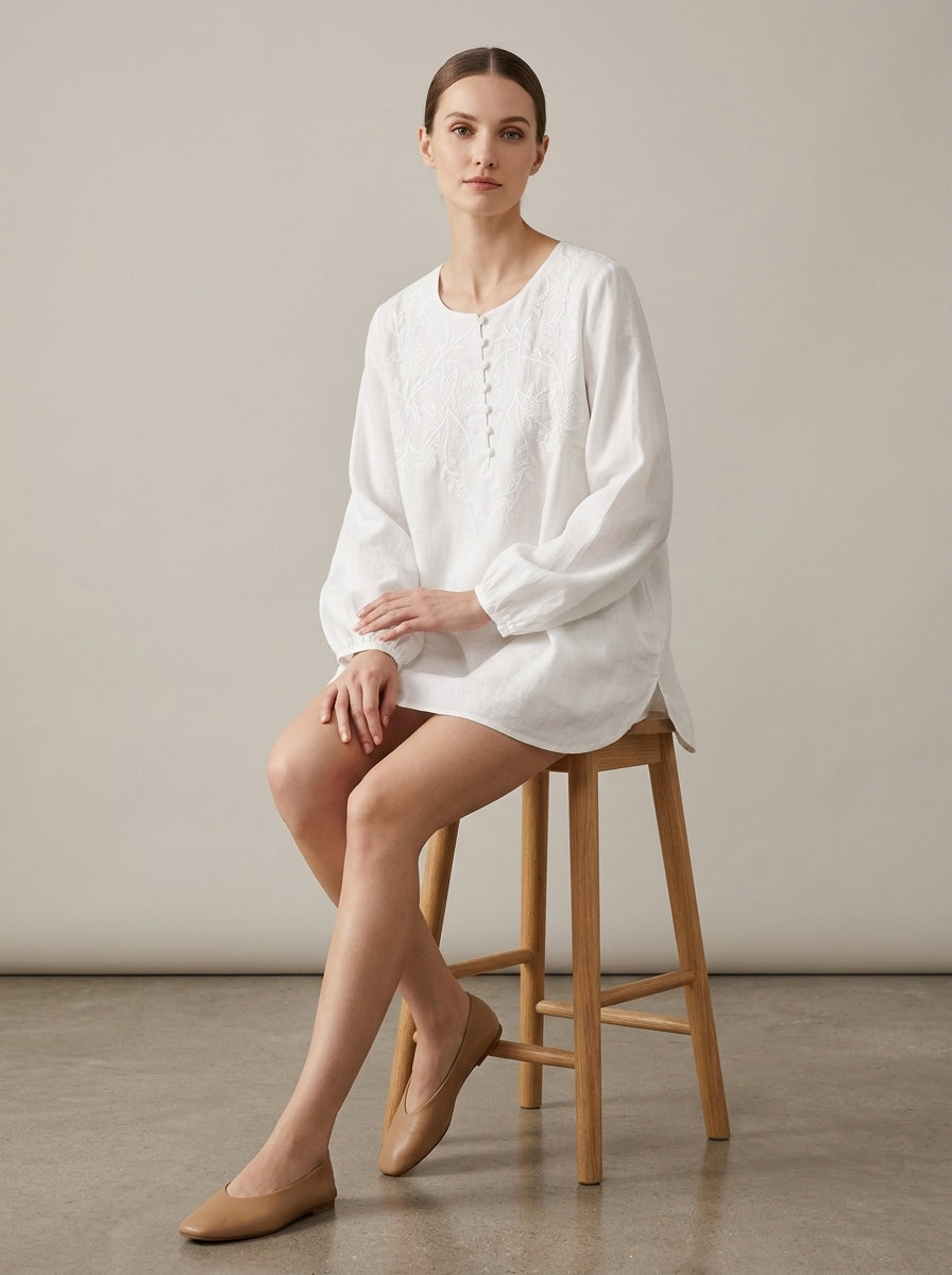 Versatile Boho Embroidered Blouse - White Round Neck Long Sleeve Top