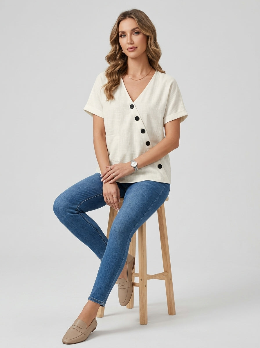 White Asymmetric Button Blouse - V-Neck Patch Pocket Casual Top