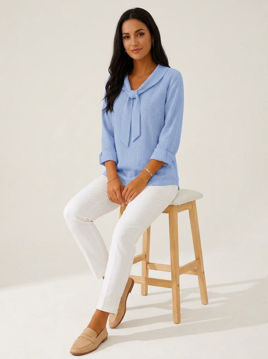 Light Blue Tie-Neck Blouse - Long Sleeve Notched Collar Casual Top