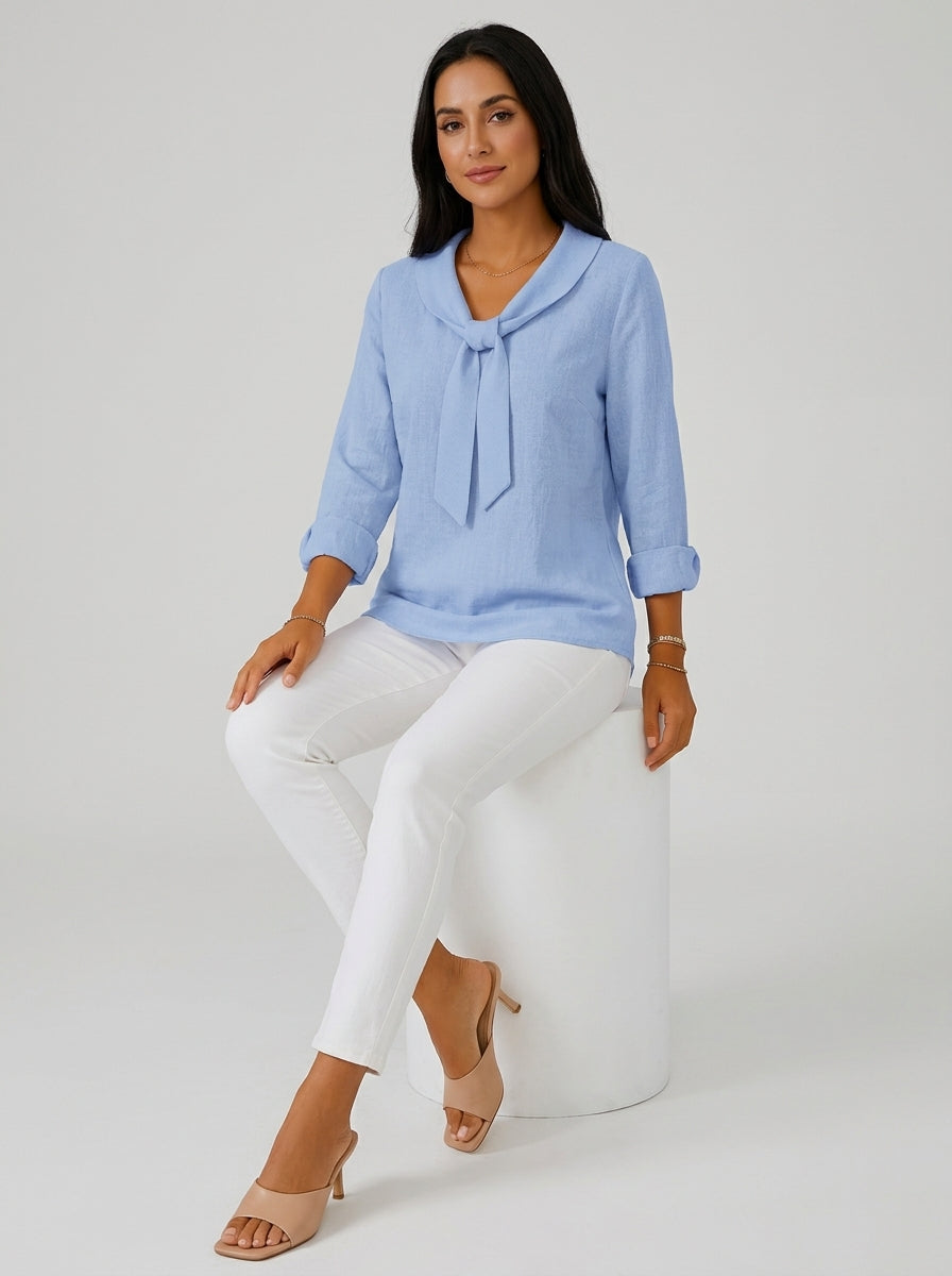 Light Blue Tie-Neck Blouse - Long Sleeve Notched Collar Casual Top