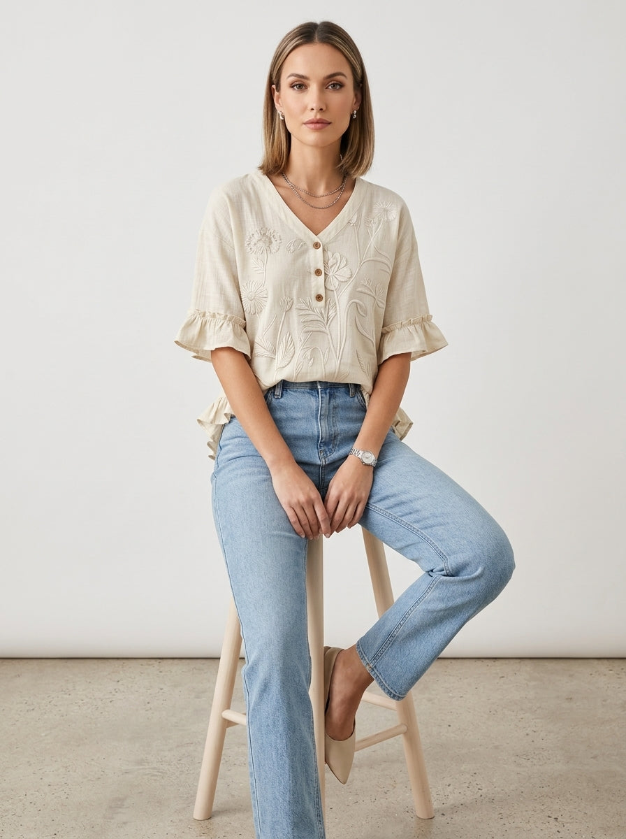 Retro Floral Embroidered V-Neck Ruffle Blouse in Cream - Button Placket 3/4 Sleeve Top