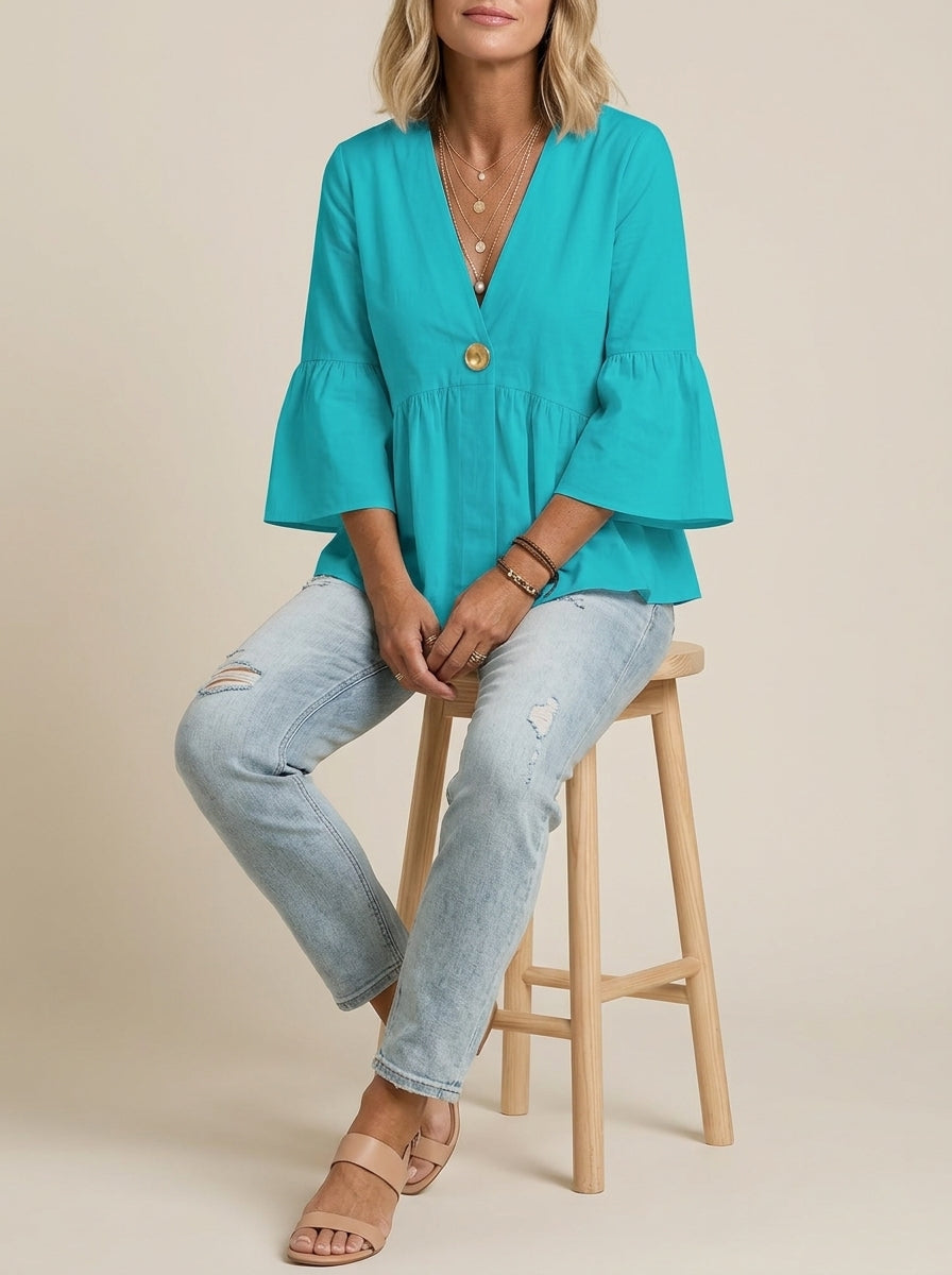 Casual Relaxed V-Neck Peplum Top in Turquoise - Bell Sleeve Single-Button Blouse