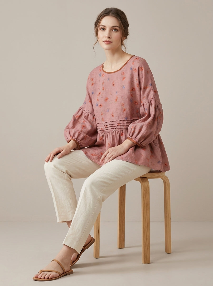 Trendy Boho Print Blouse - Pink Floral Round Neck Half Sleeve Peplum Top
