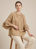 Retro Ruffled Blouse - Beige Round Neck Bell Sleeve Button-Up Top