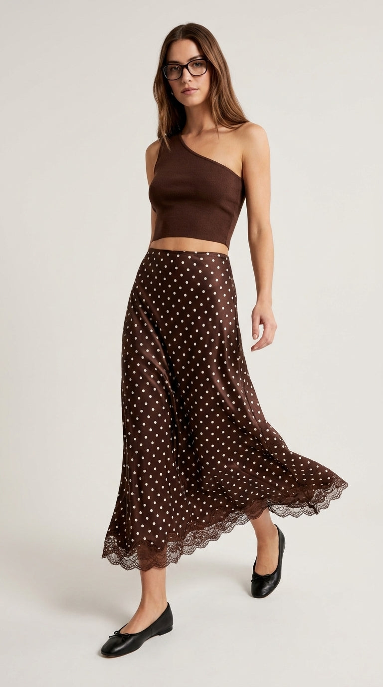 Polka Dot Satin Skirt with Lace Detail in Dark Brown - Elastic Waist Lace-Trim Maxi Skirt