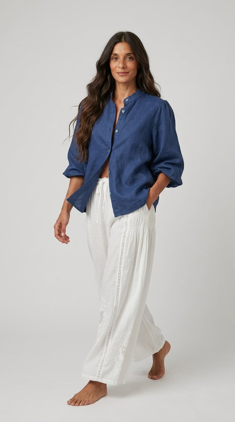 Balloon Sleeve Linen Blouse in Dark Denim - Band Collar Puff Sleeve Blouse