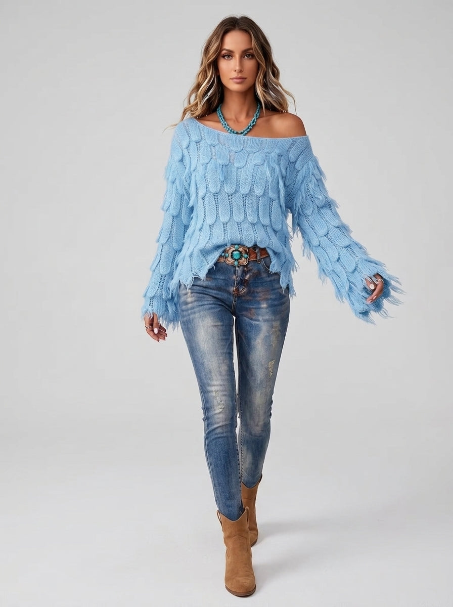 Boho Feather-shaped Bell-sleeve Knit Pullover - Sky Blue Off-Shoulder Fringe Knit Sweater