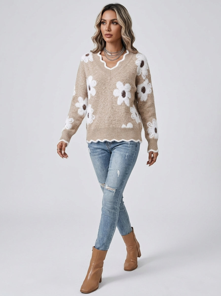 Fuzzy Daisy Print Knit Sweater - Beige Scalloped V-Neck Floral Pullover