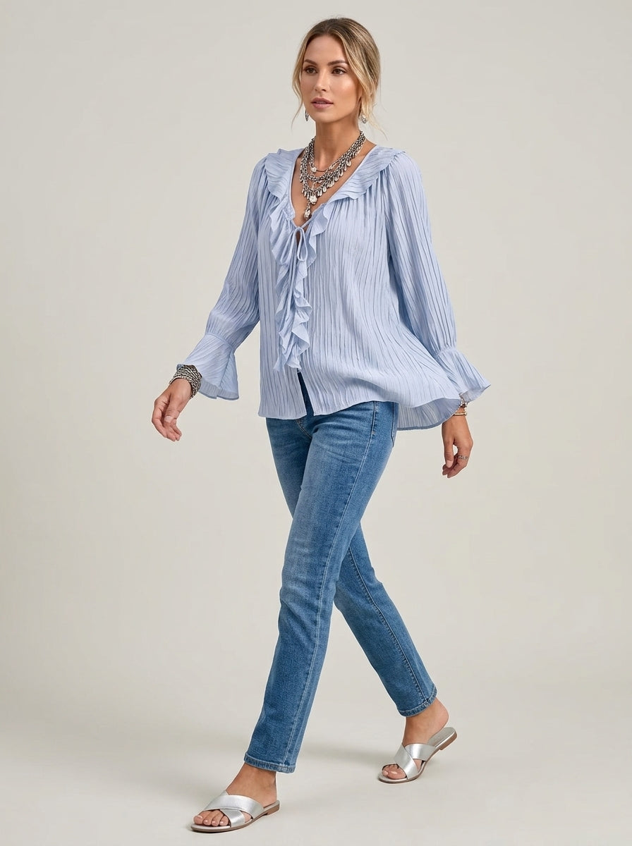 Ruffled Tie-Neck Textured Blouse - Light Blue Bell Sleeve Crinkle Top