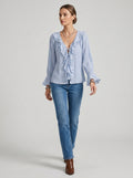 Ruffled Tie-Neck Textured Blouse - Light Blue Bell Sleeve Crinkle Top