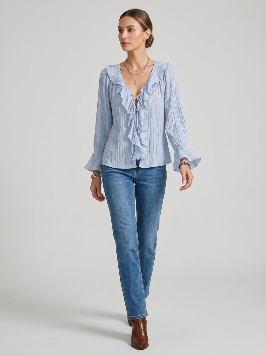 Ruffled Tie-Neck Textured Blouse - Light Blue Bell Sleeve Crinkle Top