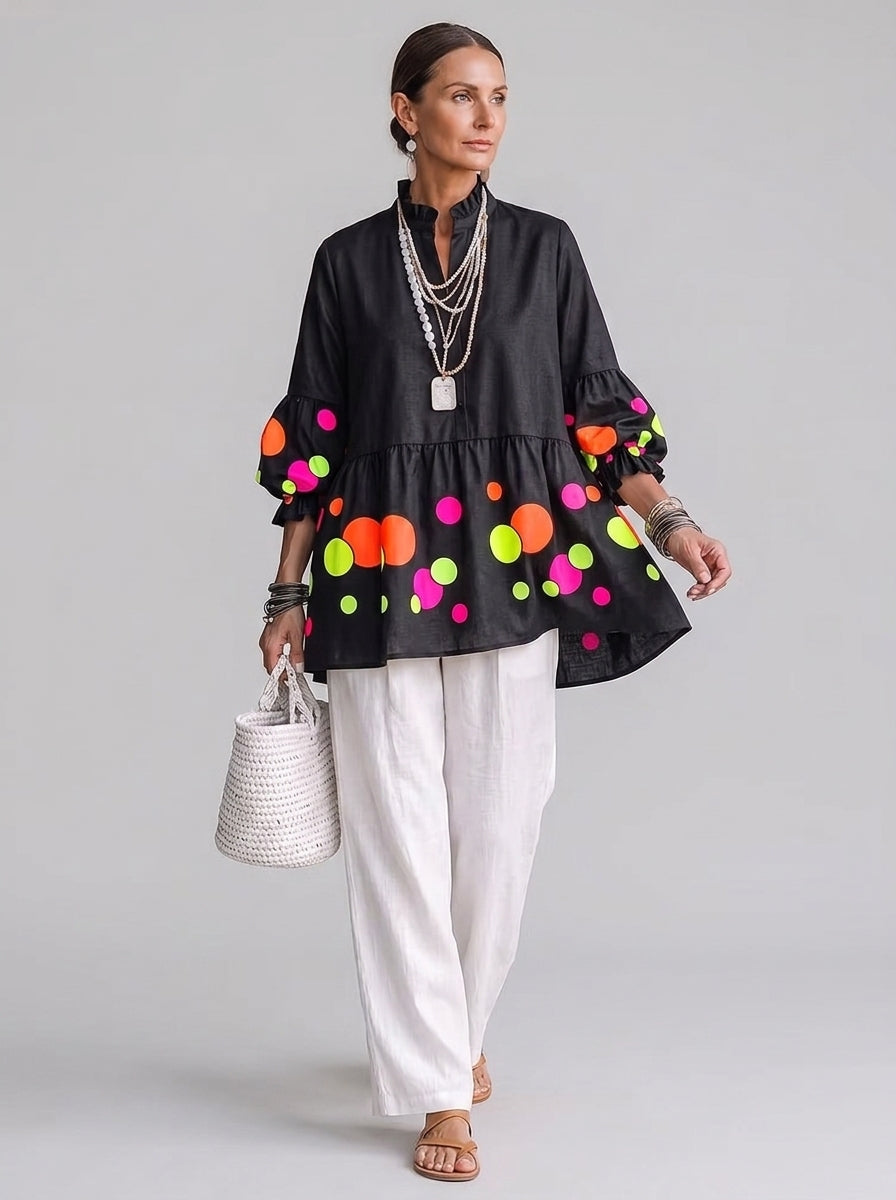 Neon Polka Dot Peplum Tunic - Black Ruffle V-Neck Bishop Sleeve Blouse