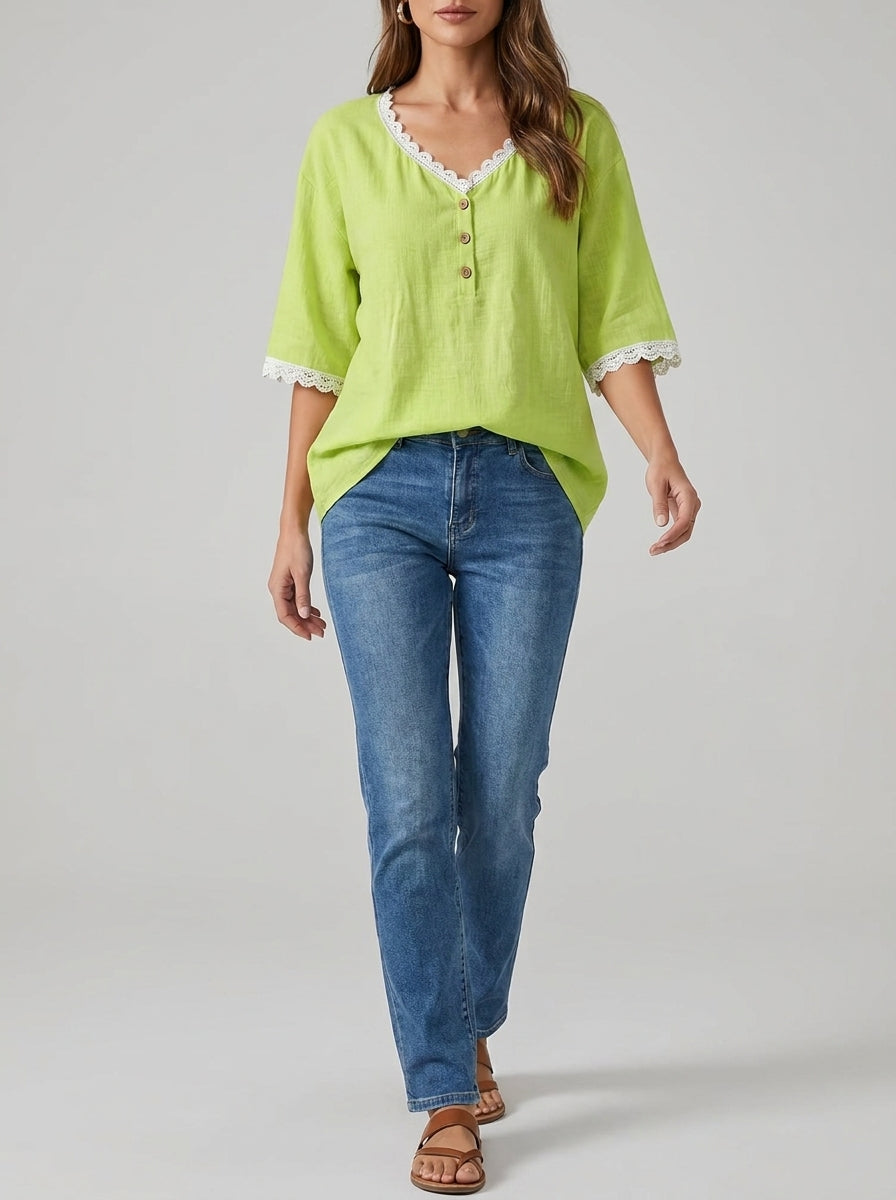 Lace Trim V-Neck Linen Blend Top - Half-Button Bell Sleeve Blouse