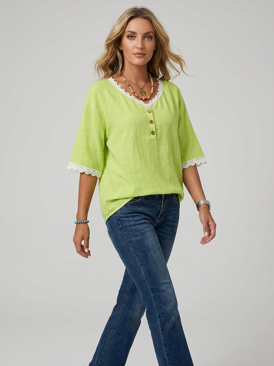 Lace Trim V-Neck Linen Blend Top - Half-Button Bell Sleeve Blouse